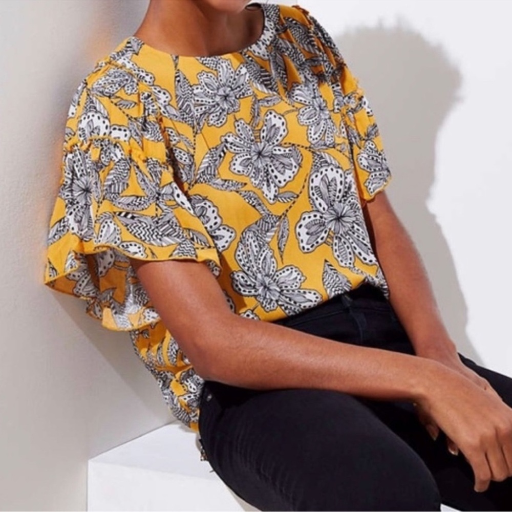 LOFT Yellow and Black Floral Blouse